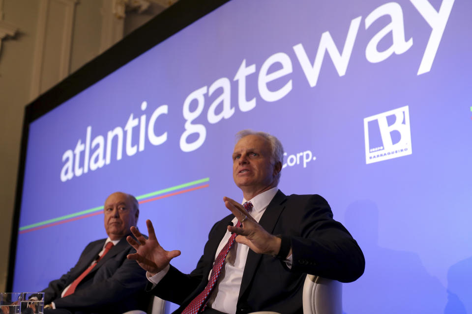 FILE - In this June 24, 2015 file photo, American-Brazilian businessman David Neeleman, right, talks to journalists during a join news conference with his partner Portuguese businessman Humberto Pedrosa, in Lisbon. Two new U.S. airlines are planning on starting service this spring, tapping into the travel recovery that is picking up speed. Breeze Airways is the latest creation of Neeleman, who founded JetBlue Airways more than 20 years ago. (AP Photo/Francisco Seco, File)