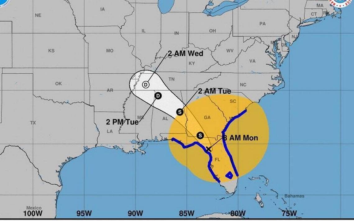 Tropical Storm Irma’s expected path for the rest of Monday into Tuesday