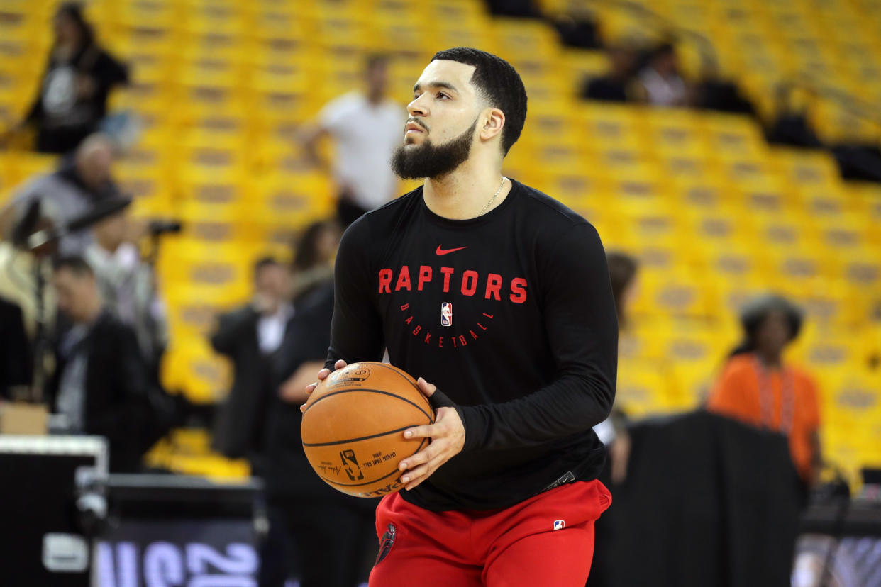 Jun 5, 2019; Oakland, CA, USA; Toronto Raptors guard Fred VanVleet (23) warms up prior to game three of the 2019 NBA Finals against the Golden State Warriors at Oracle Arena. Mandatory Credit: Sergio Estrada-USA TODAY Sports