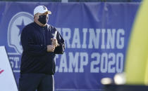 Dallas Cowboys head coach Mike McCarthy watches during an NFL football training camp practice in Frisco, Texas, Friday, Aug. 14, 2020.(AP Photo/LM Otero)