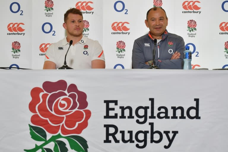 England rugby coach coach Eddie Jones (right) and captain Dylan Harley speak during a press conference at Pennyhill Park in Bagshot on February 24, 2017