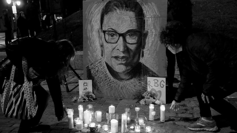 The late U.S. Supreme Court Justice Ruth Bader Ginsburg is mourned during a vigil in Monument Square in Portland, Maine on September 20, 2020. (Elizabeth Frantz/Reuters)