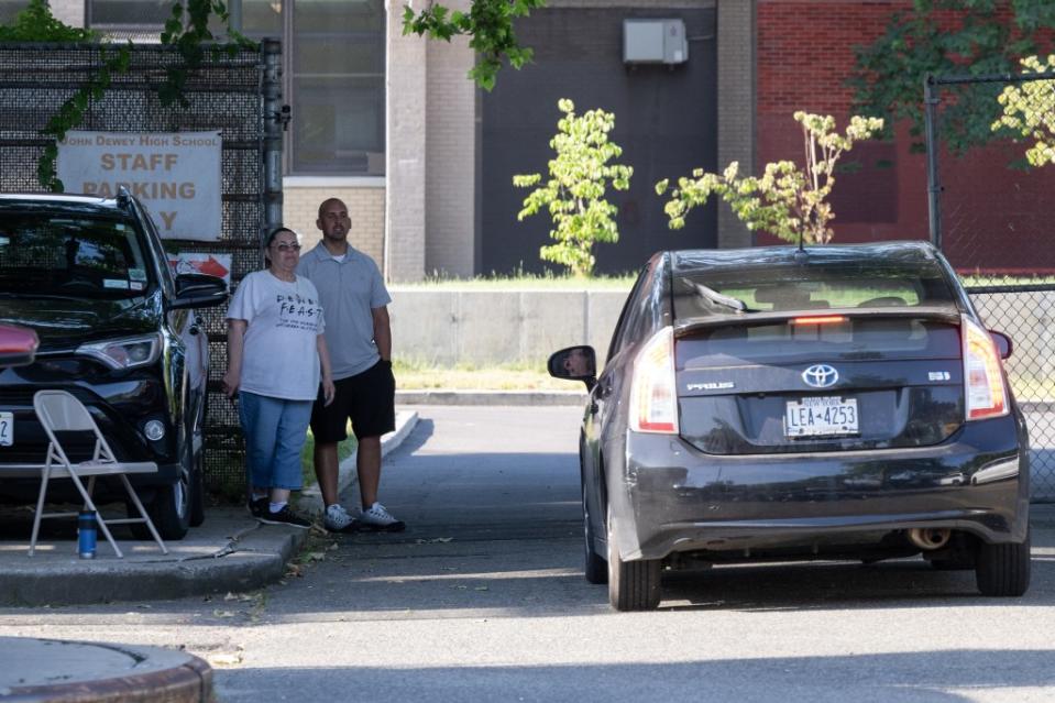 John Dewey High School staff guard the school’s parking lot and don’t allow more than 10 employees from the neighboring PSK721 to enter and park.