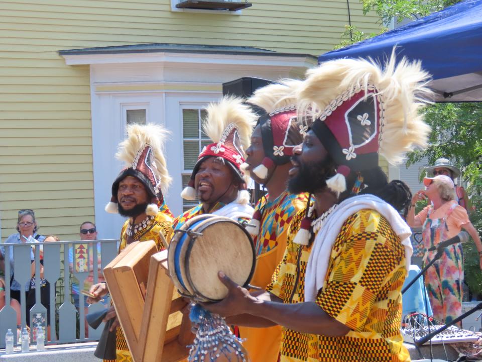 Members of the Akwaaba Ensemble perform during Portsmouth's Juneteenth celebration at the African Burying Ground Wednesday, June 19, 2024.