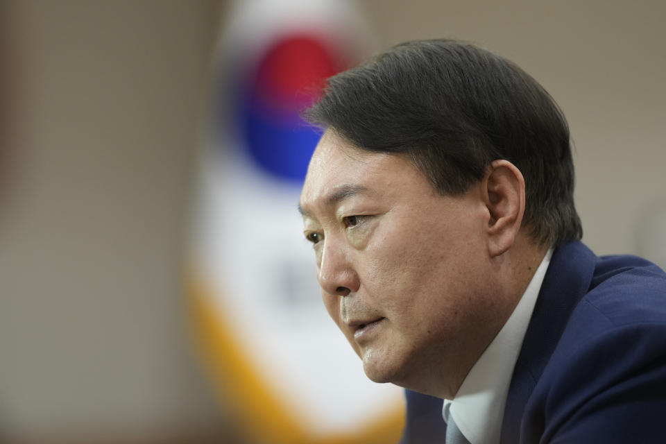 South Korean President Yoon Suk Yeol speaks during an interview at the presidential office in Seoul, South Korea, Tuesday, Jan. 10, 2023. (AP Photo/Lee Jin-man)