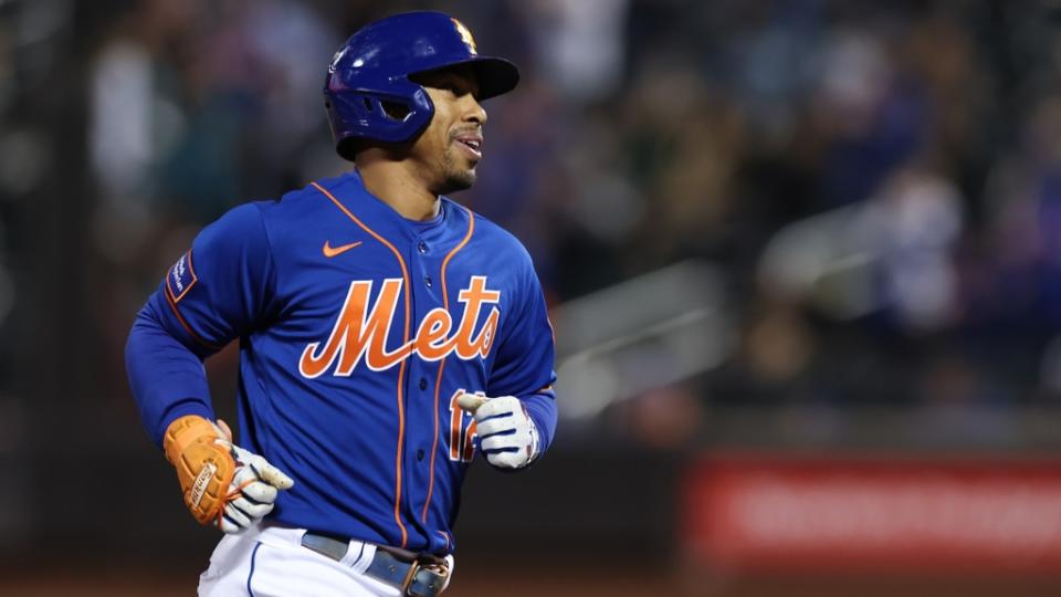 Sep 27, 2023; New York, NY, USA; New York Mets shortstop Francisco Lindor (12) runs the bases after his solo home run during the fourth inning against the Miami Marlins at Citi Field.