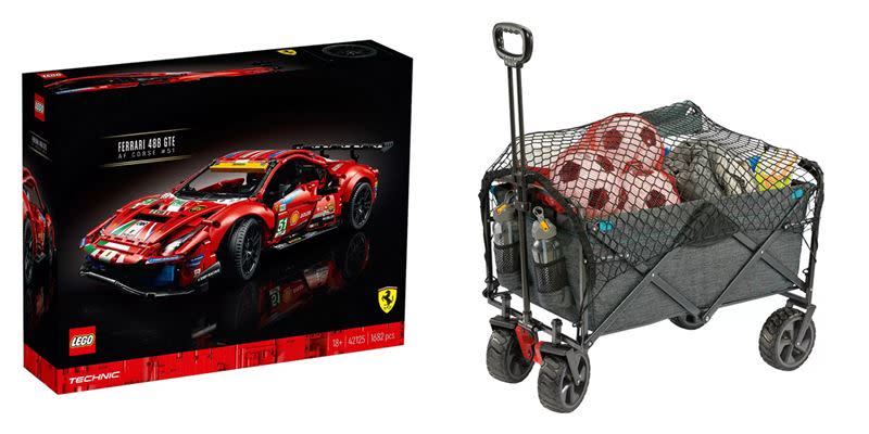 Cyber Monday購物週推薦商品（左：LEGO 科技系列 賽車 Ferrari 488 GTE；右：Mac Sports XL 寬胎折疊式露營推車可煞車）。（圖／好市多提供）