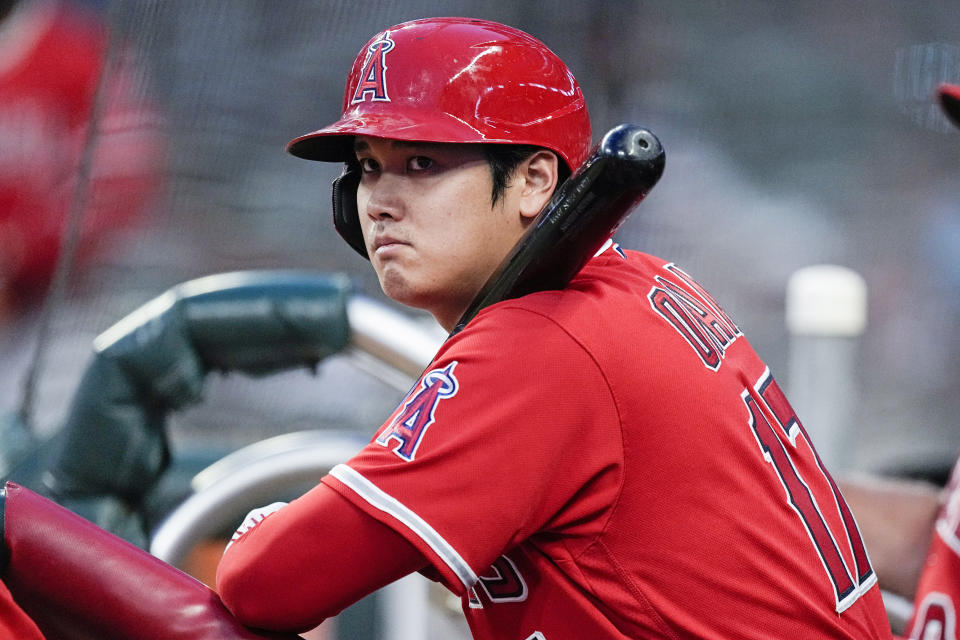 Los Angeles Angels' Shohei Ohtani waits to hit in the fifth inning of a baseball game against the Atlanta Braves Tuesday, Aug. 1, 2023, in Atlanta. (AP Photo/John Bazemore)