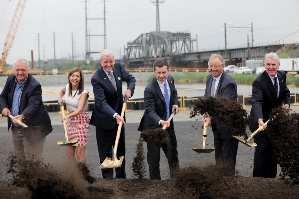 Business Manager of the International Union of Operating Engineers, Local 825, Greg Lalevee, NJ First Lady, Tammy Murphy, NJ Governor, Phil Murphy, US Secretary of Transportation Transportation, Pete Buttigieg, Amtrak Chairman of the Board, Tony Coscia and President and CEO of NJ Transit, Kevin Corbett are shown at the ceremonial ground breaking of the Portal Bridge, in Kearny. Monday, August 1, 2022