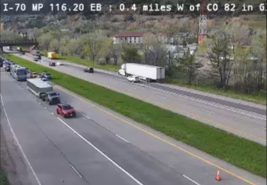 Eastbound Interstate 70 is closed Saturday evening after a trailer was separated from a semi-truck, prompting a hazmat response. (Colorado Department of Transportation)