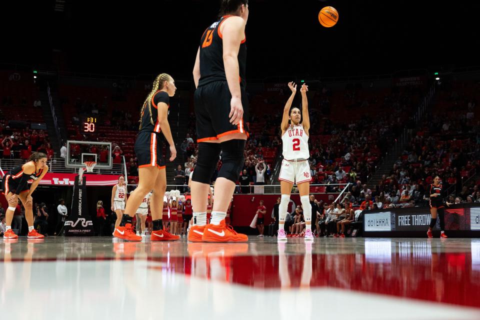 Utah Utes guard Ines Vieira (2) shoots a free throw during the women’s college basketball game between the Utah Utes and the Oregon State Beavers at the Jon M. Huntsman Center in Salt Lake City on Friday, Feb. 9, 2024. | Megan Nielsen, Deseret News