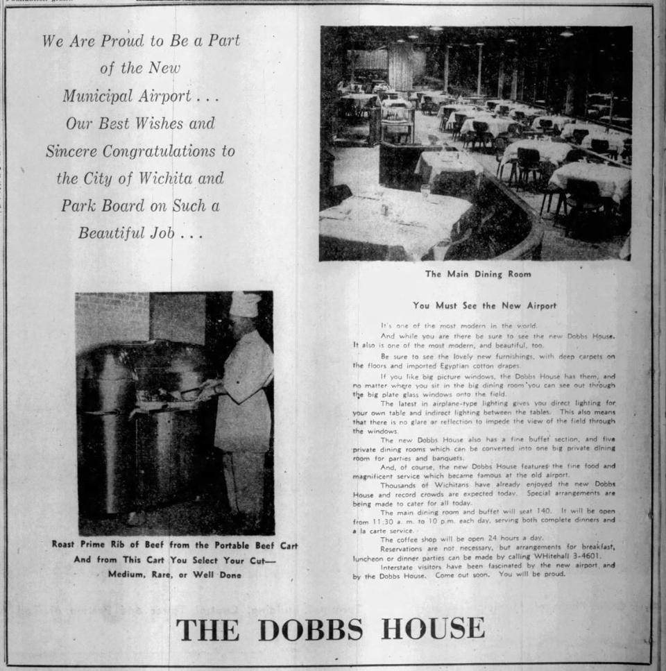 An ad for Dobbs House restaurant ran in the Wichita Eagle on Oct. 31, 1954, the day the new Wichita Municipal Airport put on an open house for the public.