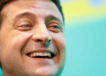 Ukrainian presidential candidate Volodymyr Zelenskiy reacts during a news conference at his campaign headquarters following a presidential election in Kiev, Ukraine April 21, 2019. REUTERS/Valentyn Ogirenko