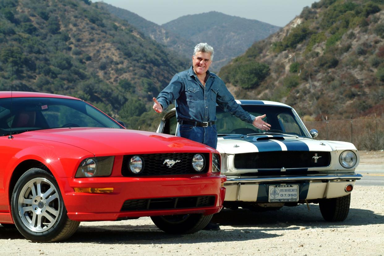 Jay Leno road tests a 2005 Shelby Mustang GT for a British newspaper.