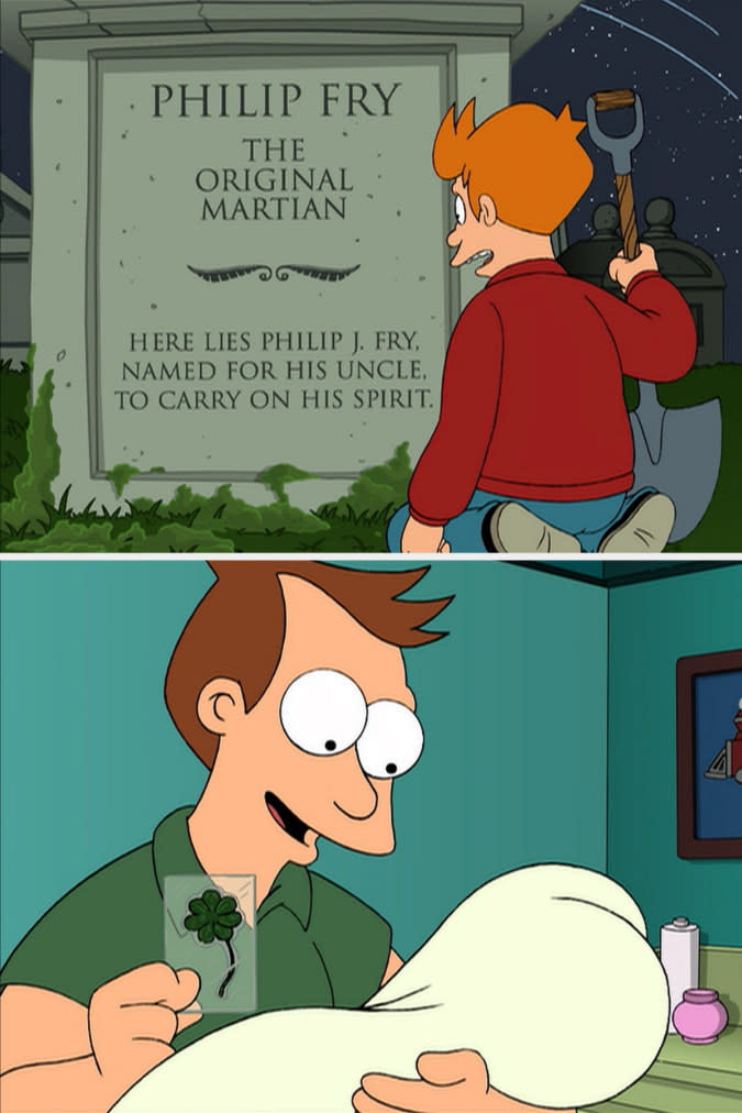 Animated character looking at the tombstone of Philip Fry, "the Original Martian"