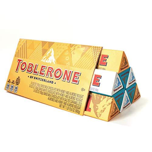 <p><strong>Toblerone</strong></p><p>amazon.com</p><p><strong>$21.98</strong></p><p><a href="https://www.amazon.com/dp/B08J37H3QK?tag=syn-yahoo-20&ascsubtag=%5Bartid%7C1782.g.994%5Bsrc%7Cyahoo-us" rel="nofollow noopener" target="_blank" data-ylk="slk:BUY NOW;elm:context_link;itc:0;sec:content-canvas" class="link ">BUY NOW</a></p><p>You already know and love Toblerone's nougat chocolates, but this set includes milk chocolate, white chocolate, and crunchy salted caramelized almond.<br></p>