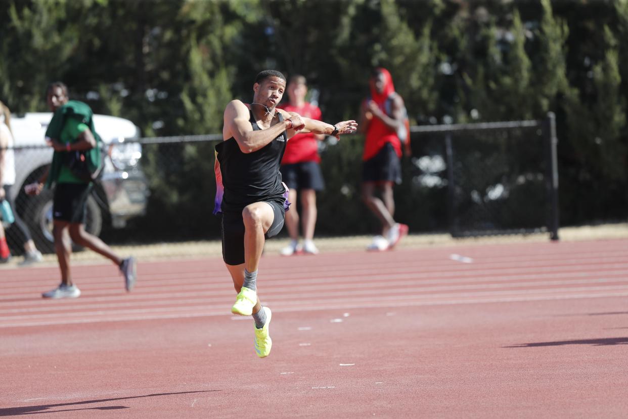 Former Texas Tech standout Trey Culver makes his approach during the high-jump competition Saturday at the Corky/Crofoot Shootout. Culver, a two-time NCAA champion, won the event at the Fuller Track Complex by clearing 7 feet, 5 1/4 inches.