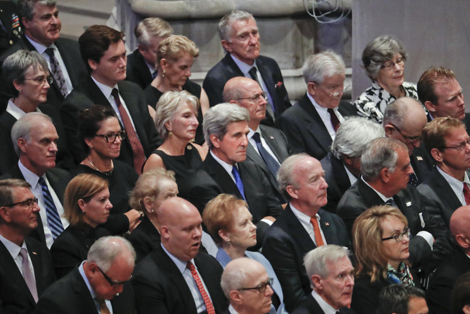 Former Secretary of State John Kerry, center, sits with other guests as he attends the memorial service for Sen. John McCain, R-Ariz., at Washington National Cathedral in Washington, Saturday, Sept. 1, 2018. McCain died Aug. 25, from brain cancer at age 81. (AP Photo/Pablo Martinez Monsivais)