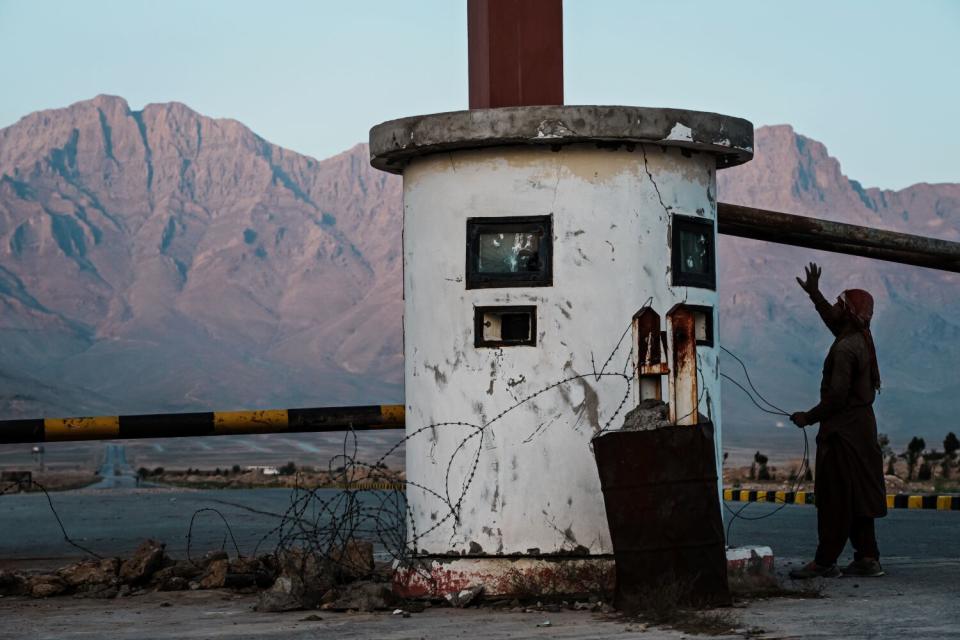 A sentry post pockmarked with bullet holes at the entrance to the 350-acre, $216-million, industrial park near Kabul.
