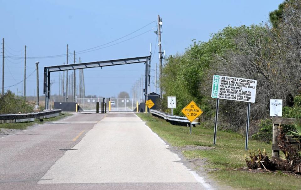 A sign posted at an entrance to Mosaic’s Wingate mine on Duette Road on Tuesday, Feb. 27, 2024.