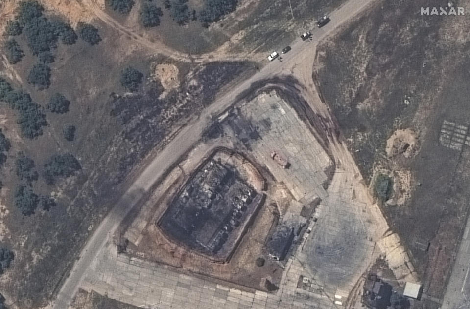 This image released by Maxar Technologies shows an overview of a destroyed fuel storage facility at Belbek air base, near Sevastopol, in Crimea, Thursday, May 16, 2024. (Satellite image ©2024 Maxar Technologies via AP)