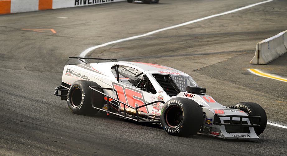 Ron Silk, driver of the #16 Blue Mountain Machine and Future Homes, drives during a practice lap during the Eddie Partridge 256 for the Whelen Modified Tour at Riverhead Raceway on September 17, 2022 in Riverhead, New York. (Mike Lawrence/NASCAR)