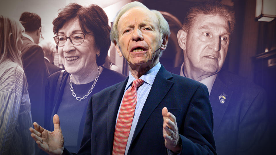 Photo illustration of Sen. Susan Collins, former Sen. Joe Lieberman and Sen. Joe Manchin.