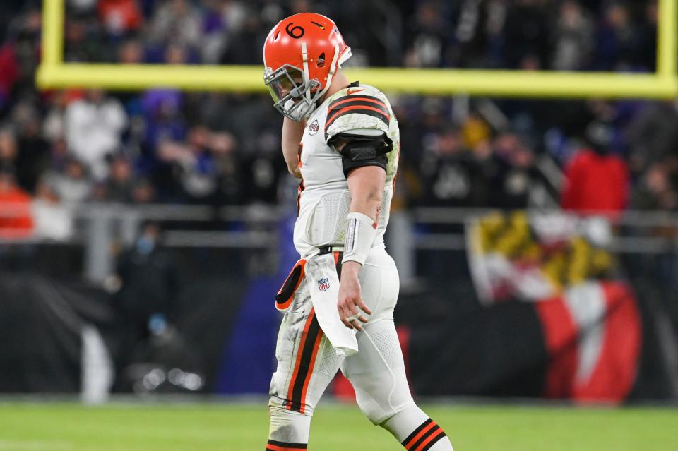 Browns quarterback Baker Mayfield walks off the field during the second half of the Browns' 16-10 loss to the Baltimore Ravens on Sunday night in Baltimore. [Tommy Gilligan/USA TODAY Sports]