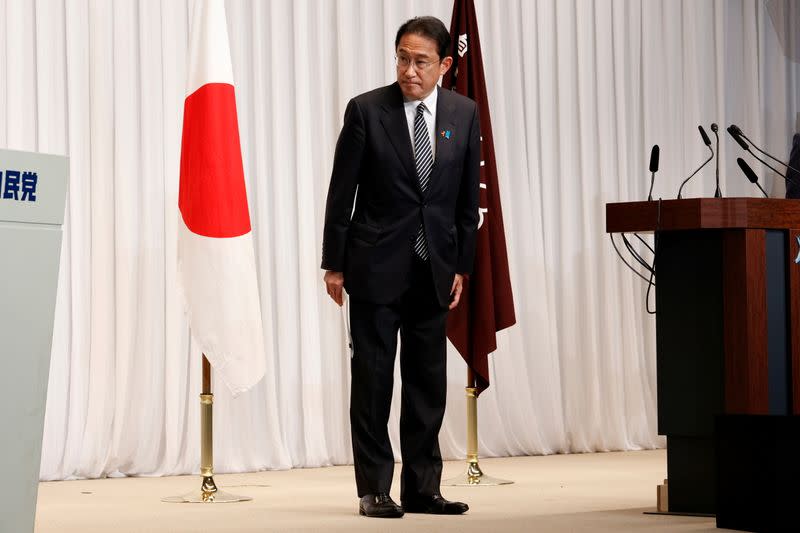 Japan's Prime Minister and ruling Liberal Democratic Party leader Fumio Kishida speaks during a news conference at the party headquarters in Tokyo