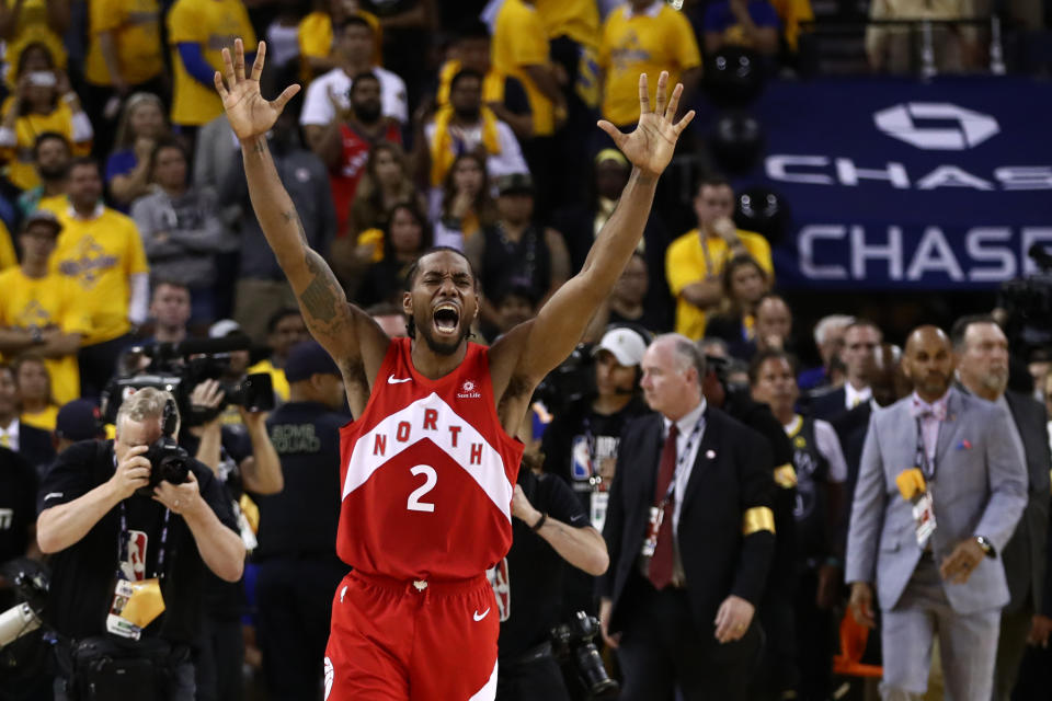 Kawhi Leonard #2 of the Toronto Raptors celebrates his teams win over the Golden State Warriors in Game Six to win the 2019 NBA Finals at ORACLE Arena on June 13, 2019 in Oakland, California. (Photo by Ezra Shaw/Getty Images)