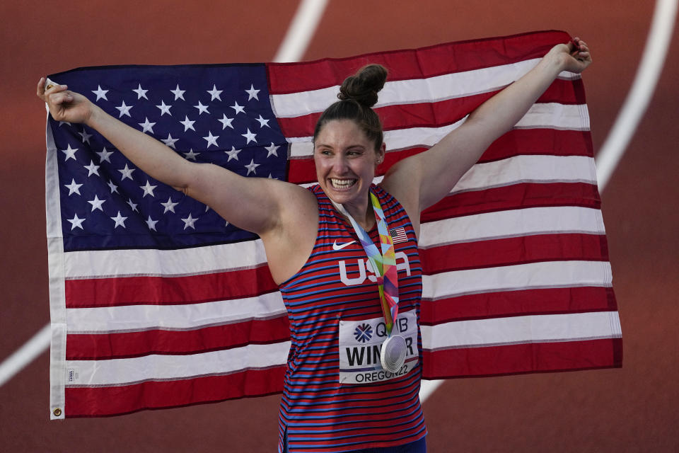 Silver medalist Kara Winger, of the United States, celebrates after the women's javelin throw at the World Athletics Championships on Friday, July 22, 2022, in Eugene, Ore. (AP Photo/Gregory Bull)