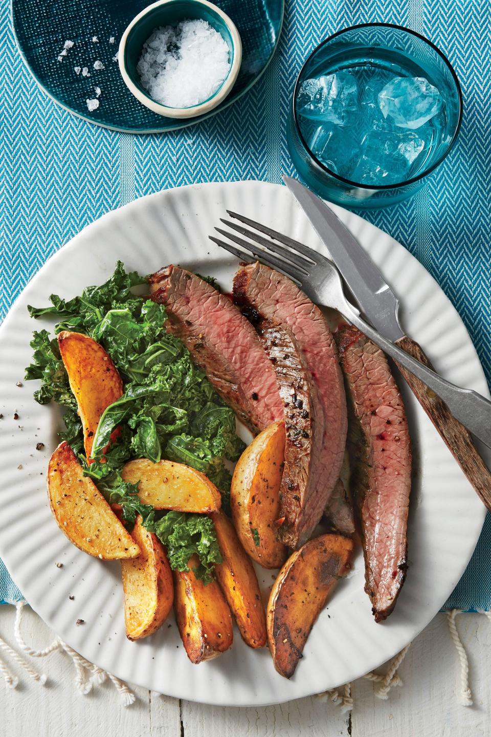 Sheet Pan Flank Steak, Greens, and Yukon Gold Fries