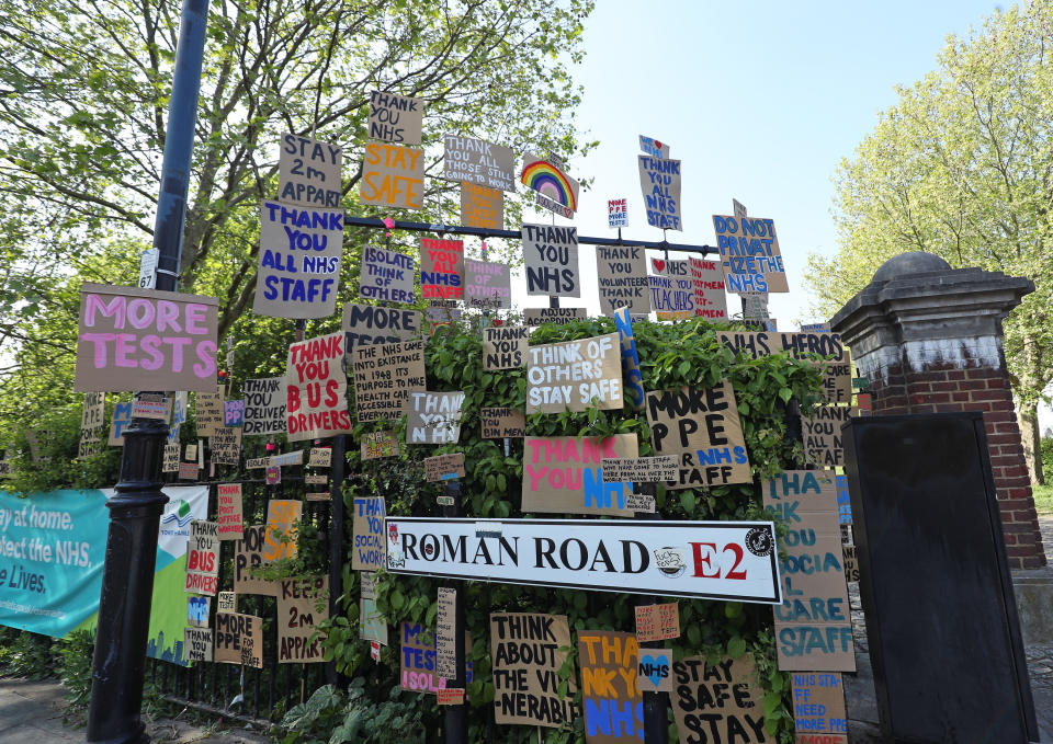 Handmade signs in support of the NHS on Roman Road in east London, as the UK continues in lockdown to help curb the spread of the coronavirus.