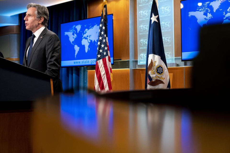 Secretary of State Antony Blinken speaks in the briefing room of the State Department in Washington, Friday, Jan. 7, 2022. (AP Photo/Andrew Harnik, Pool)