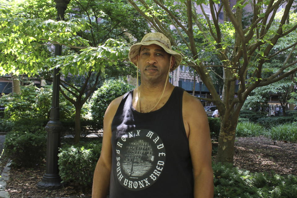 Lloyd Murphy, 65, also known as "Topaz 1", poses for a photo in New York on July 5, 2023. Before it was a global movement, it was simply an expression of life and struggle: a culture that was synonymous with hardship and suffering, but also grit, resilience and creativity. “It was a way to feel like we mattered,” said Lloyd Murphy, who tagged his name as “Topaz1." “We saw New York City and the trains going by as a billboard to put your name on and say, ‘I’m somebody.’” (AP Photo/Noreen Nasir)