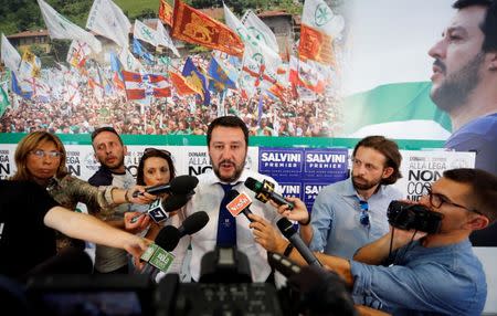 Northern League's leader Matteo Salvini answer journalists questions during a news conference in Milan, Italy, June 26, 2017. REUTERS/Alessandro Garofalo