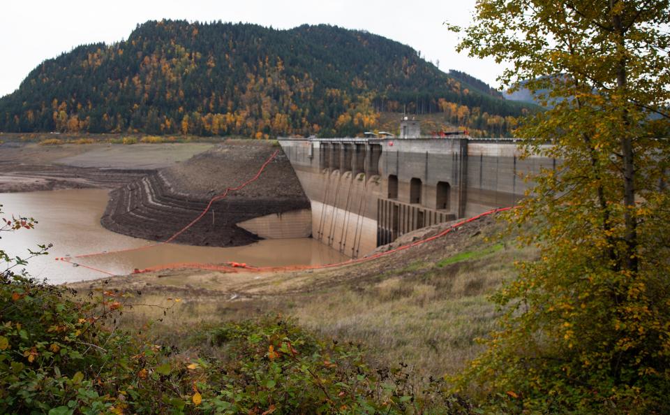 Water behind Lookout Point Reservoir near Lowell is seen at historically low levels this fall.