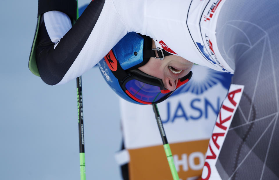 Slovakia's Petra Vlhova reacts in the finish area after winning an alpine ski, World Cup women's giant slalom in Jasna, Slovakia, Sunday, March 7, 2021. (AP Photo/Gabriele Facciotti)