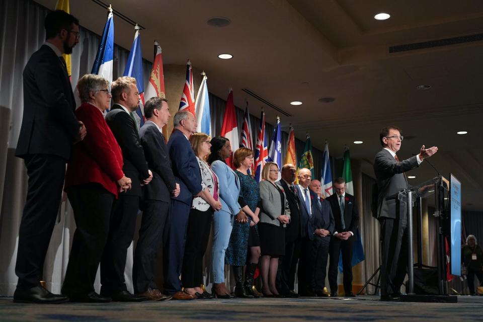 B.C. Health Minister Adrian Dix, right, is flanked by his provincial and territorial counterparts as he responds to questions at a news conference without federal Health Minister Jean-Yves Duclos after the second of two days of meetings, in Vancouver on Nov. 8. THE CANADIAN PRESS/Darryl Dyck