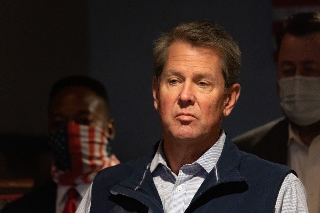 Georgia Gov. Brian Kemp speaks at a news conference about the state’s new Election Integrity Law that passed this week at AJ’s Famous Seafood and Poboys on April 10, 2021 in Marietta, Georgia. (Photo by Megan Varner/Getty Images)