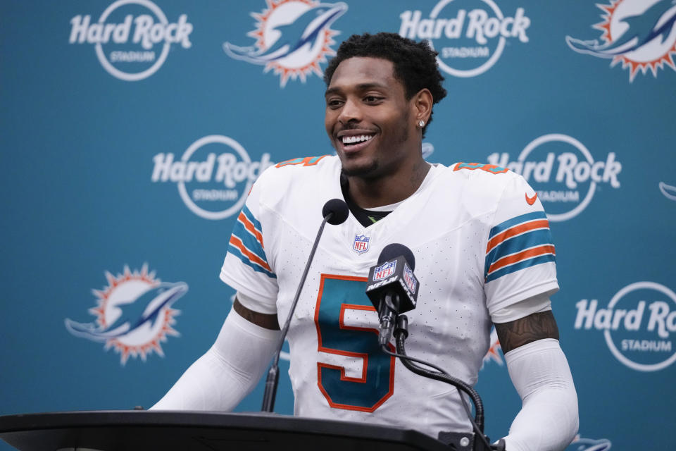 Miami Dolphins cornerback Jalen Ramsey speaks during a news conference following an NFL football game against the New England Patriots, Sunday, Oct. 29, 2023, in Miami Gardens, Fla. (AP Photo/Wilfredo Lee)