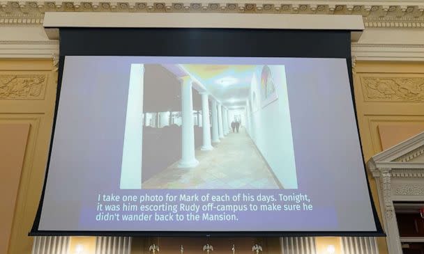 PHOTO: A photo of Rudy Giuliani outside the White House taken by Cassidy Hutchinson, former aide to Trump White House chief of staff Mark Meadows, is displayed during a hearing at the Capitol, July 12, 2022. (Jacquelyn Martin/AP)