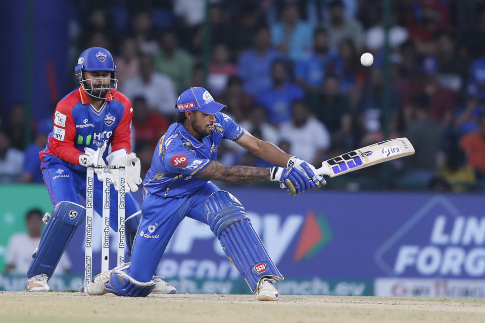 Mumbai Indians' Tilak Varma plays a shot during the Indian Premier League cricket match between Delhi Capitals and Mumbai Indians in New Delhi, India, Saturday, April 27, 2024. (AP Photo/ Surjeet Yadav)