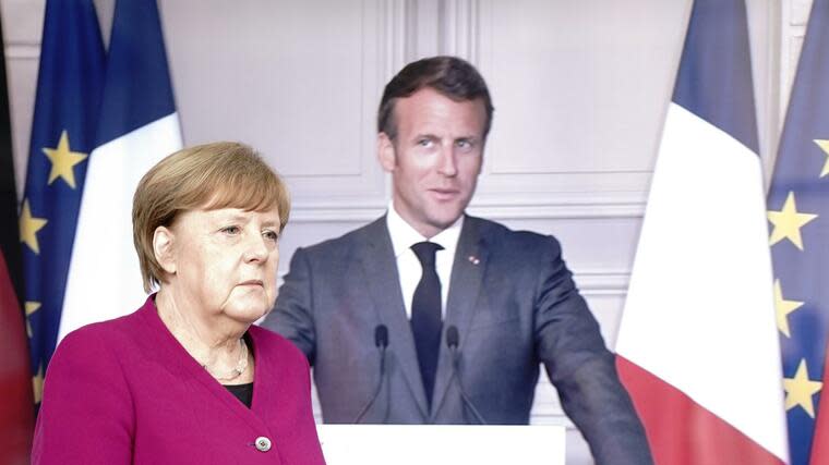 Video-Schalte: Bundeskanzlerin Angela Merkel (CDU) und Frankreichs Präsident Emmanuel Macron. Foto: dpa