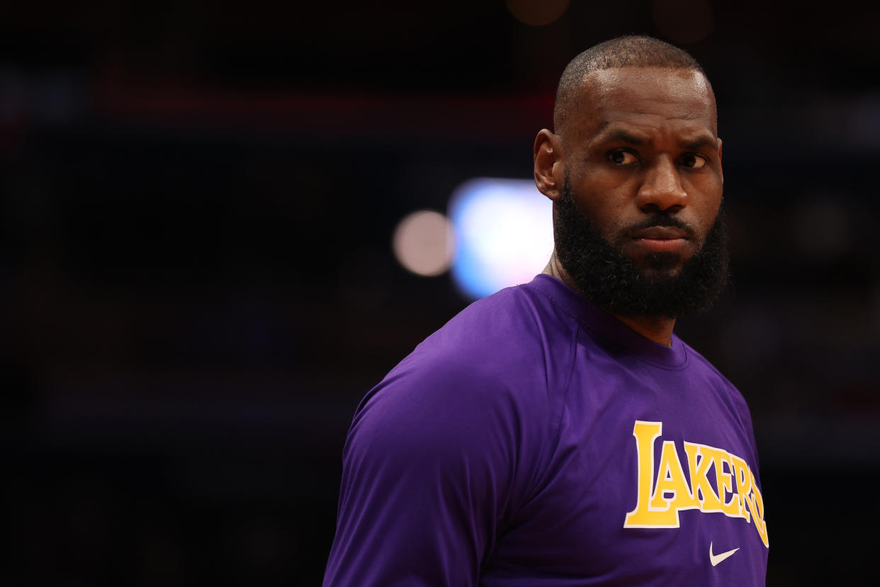 LeBron James of the Los Angeles Lakers warms up before playing against the Washington Wizards at Capital One Arena on March 19, 2022 in Washington, DC. 