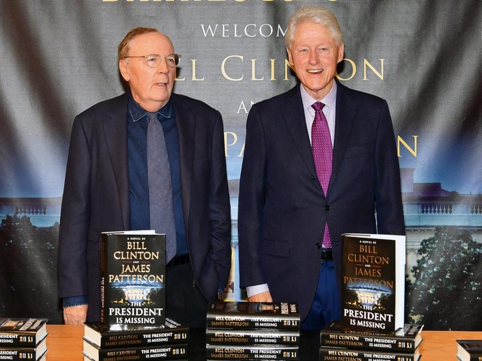 Patterson with Bill Clinton at an event marking the publication of their 2018 novel ‘The President Is Missing’ (Slaven Vlasic/Getty Images)