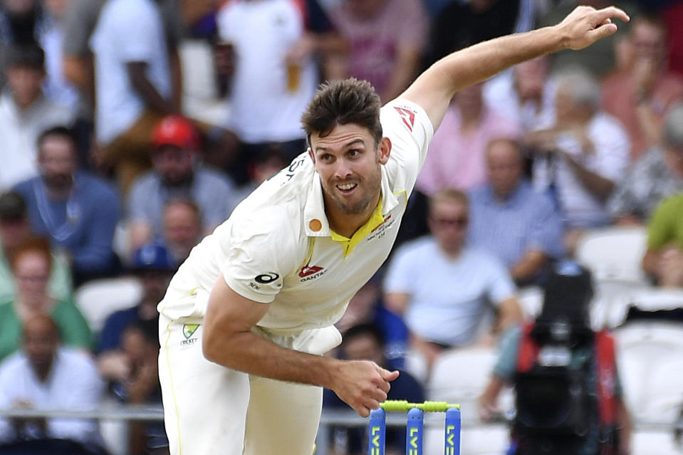 Australia's Mitchell Marsh bowls during the fourth day of the third Ashes Test match between England and Australia at Headingley, Leeds, England, Sunday, July 9, 2023. (AP Photo/Rui Vieira)