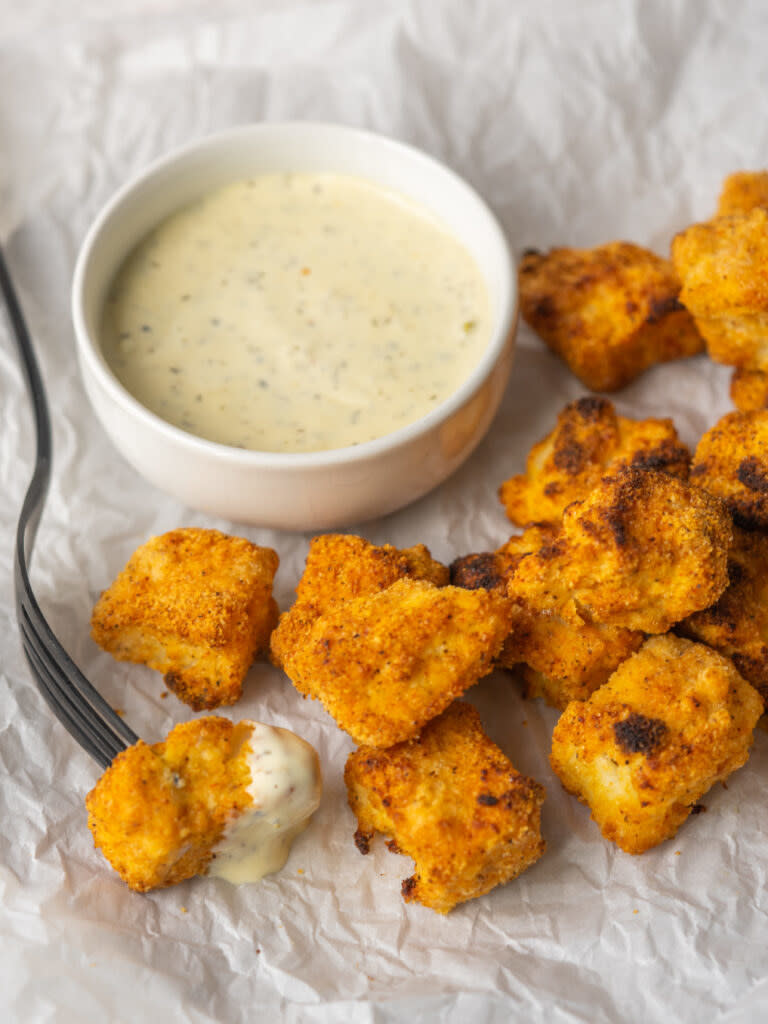 Air fryer fish nuggets and dipping sauce.