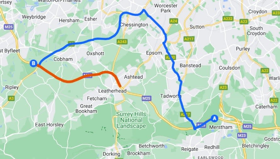 Red line shows section of motorway that is closed. Blue line shows diversion route (Google Maps)