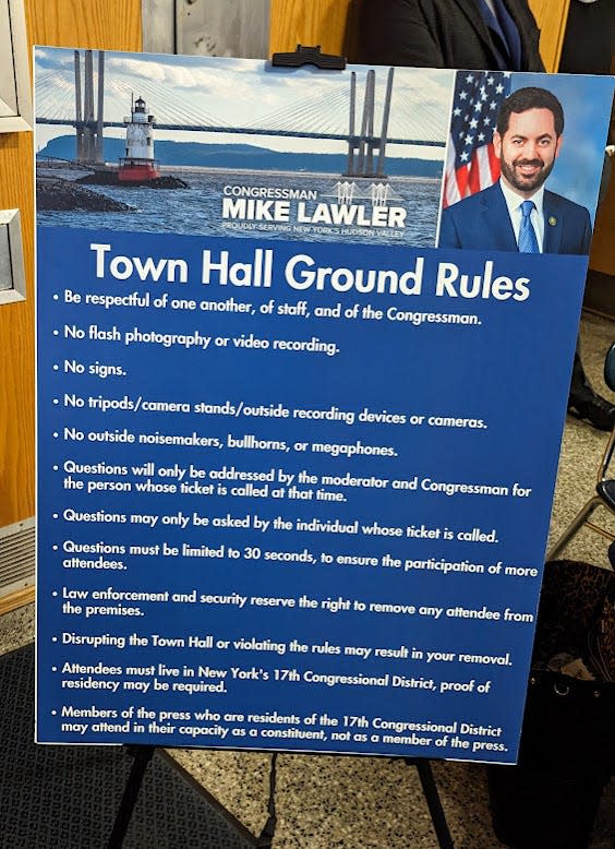 Rep. Mike Lawler's 12 rules for a Town Hall includes a ban on photography or recording what he said in the public meeting.